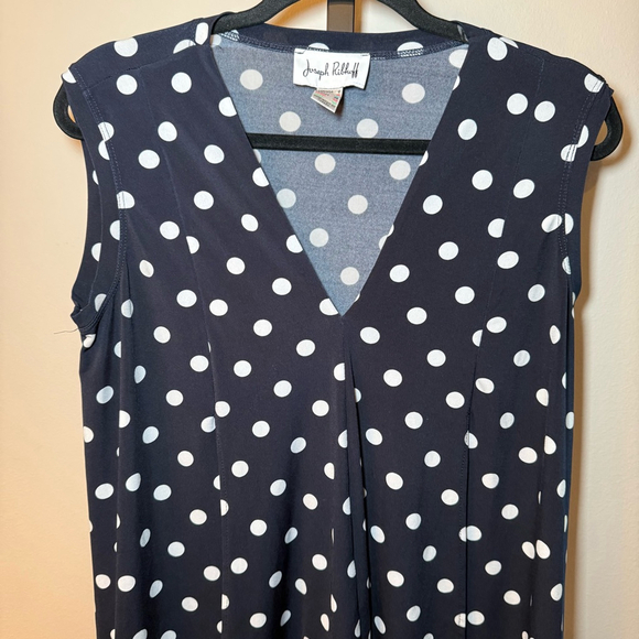 Joseph Ribkoff Asymmetrical Sleeveless Blouse Tank Navy White Polka Dot Size 8 - Picture 2 of 8